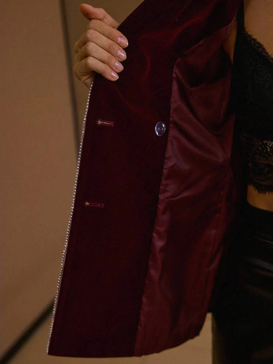PREMIUM VELVET RHINESTONE TRIM PEAK COLLAR DOUBLE BREASTED PLACKET BLAZER