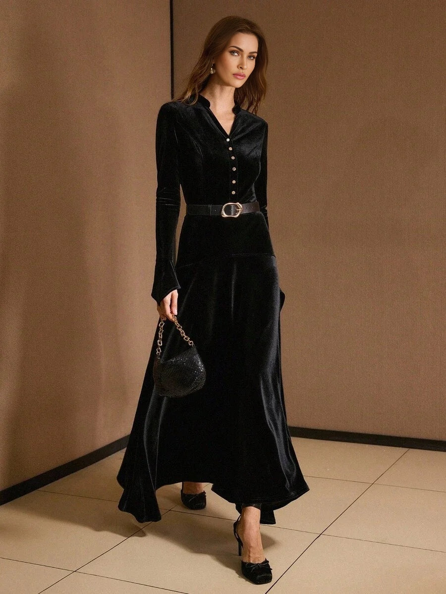 PREMIUM VELVET SOLID NOTCH NECK FLARE SLEEVE FLOWY HEM DRESS WITHOUT BELT