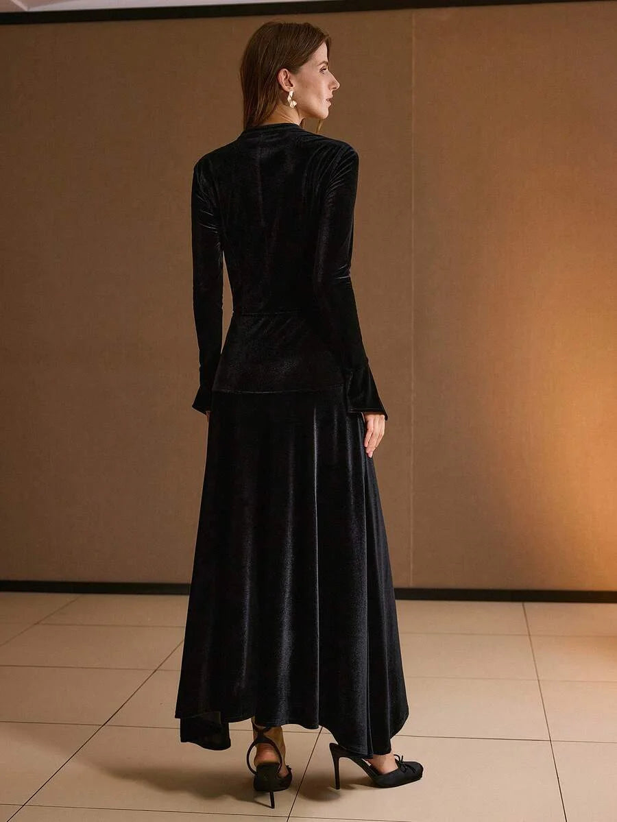 PREMIUM VELVET SOLID NOTCH NECK FLARE SLEEVE FLOWY HEM DRESS WITHOUT BELT