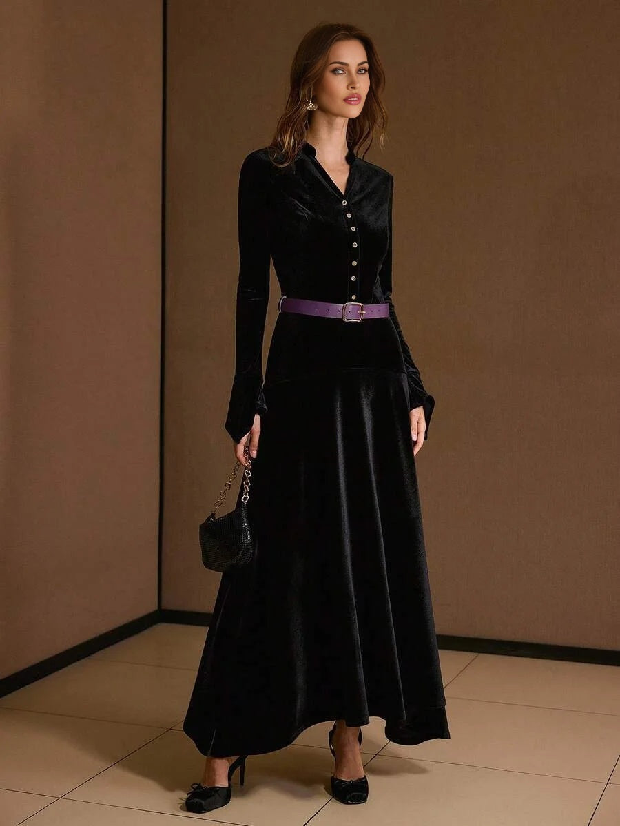 PREMIUM VELVET SOLID NOTCH NECK FLARE SLEEVE FLOWY HEM DRESS WITHOUT BELT