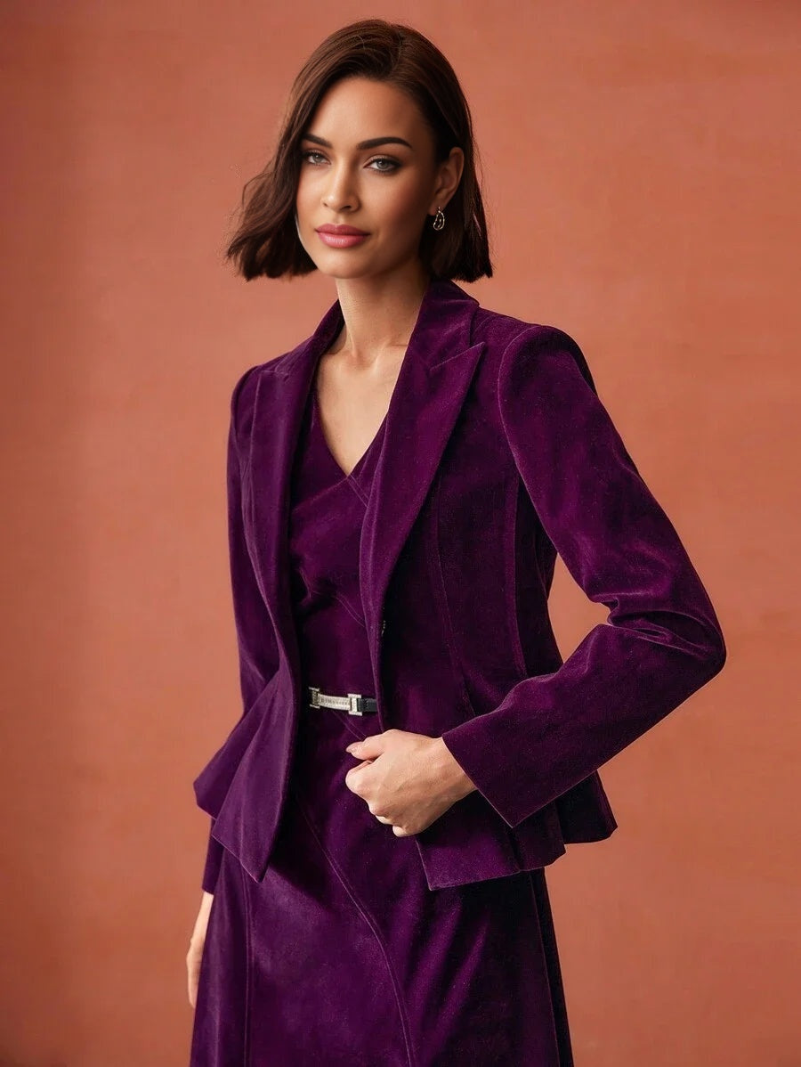 PREMIUM VELVET SOLID PEAK COLLAR FLOWY HEM BLAZER