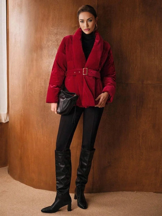 PREMIUM VELVET SOLID SHAWL COLLAR BUCKLE BELTED PADDED COAT