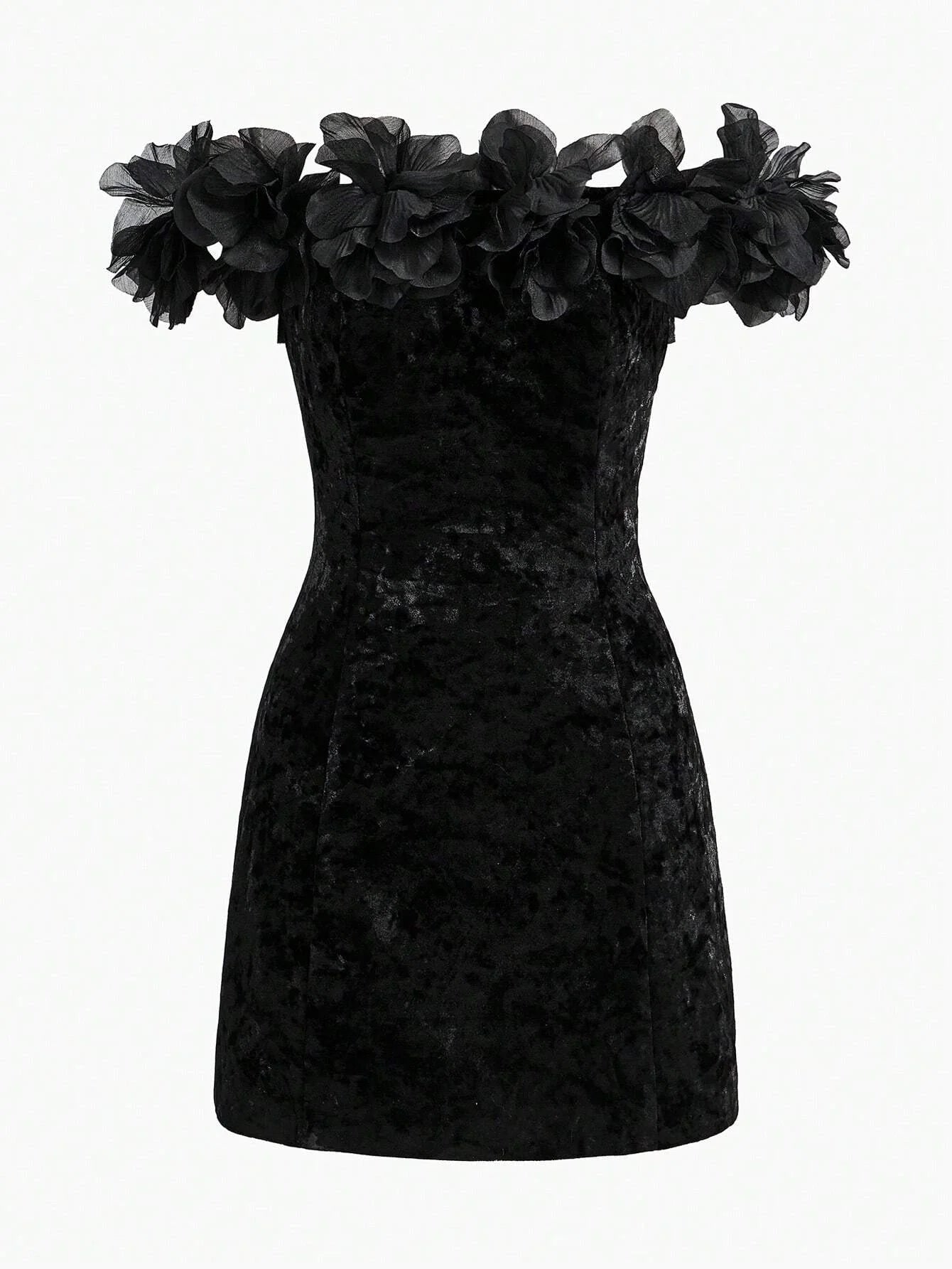 PREMIUM VELVET STEREO FLOWER DETAIL OFF SHOULDER SLIM FIT COCKTAIL DRESS WITHOUT BELT