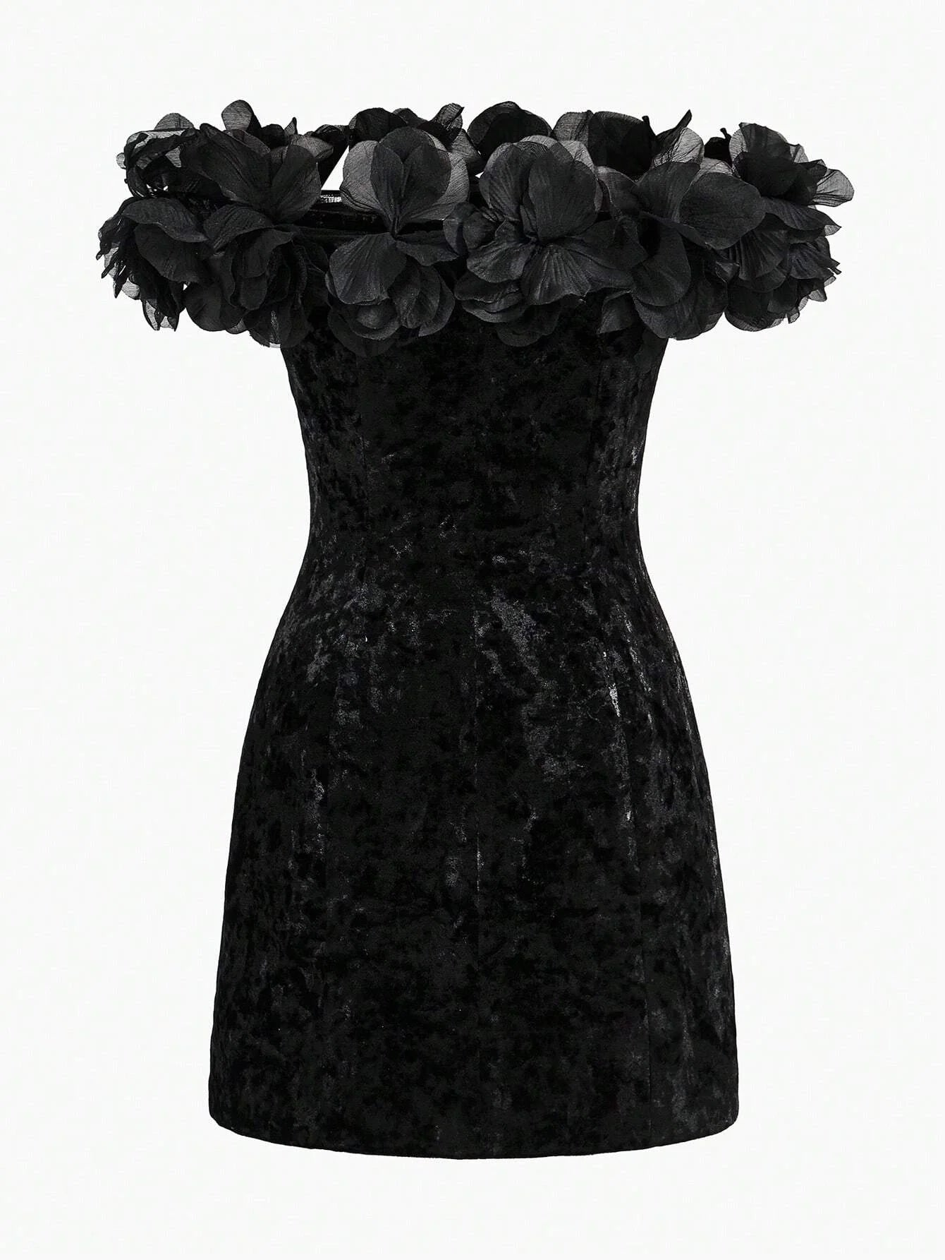 PREMIUM VELVET STEREO FLOWER DETAIL OFF SHOULDER SLIM FIT COCKTAIL DRESS WITHOUT BELT