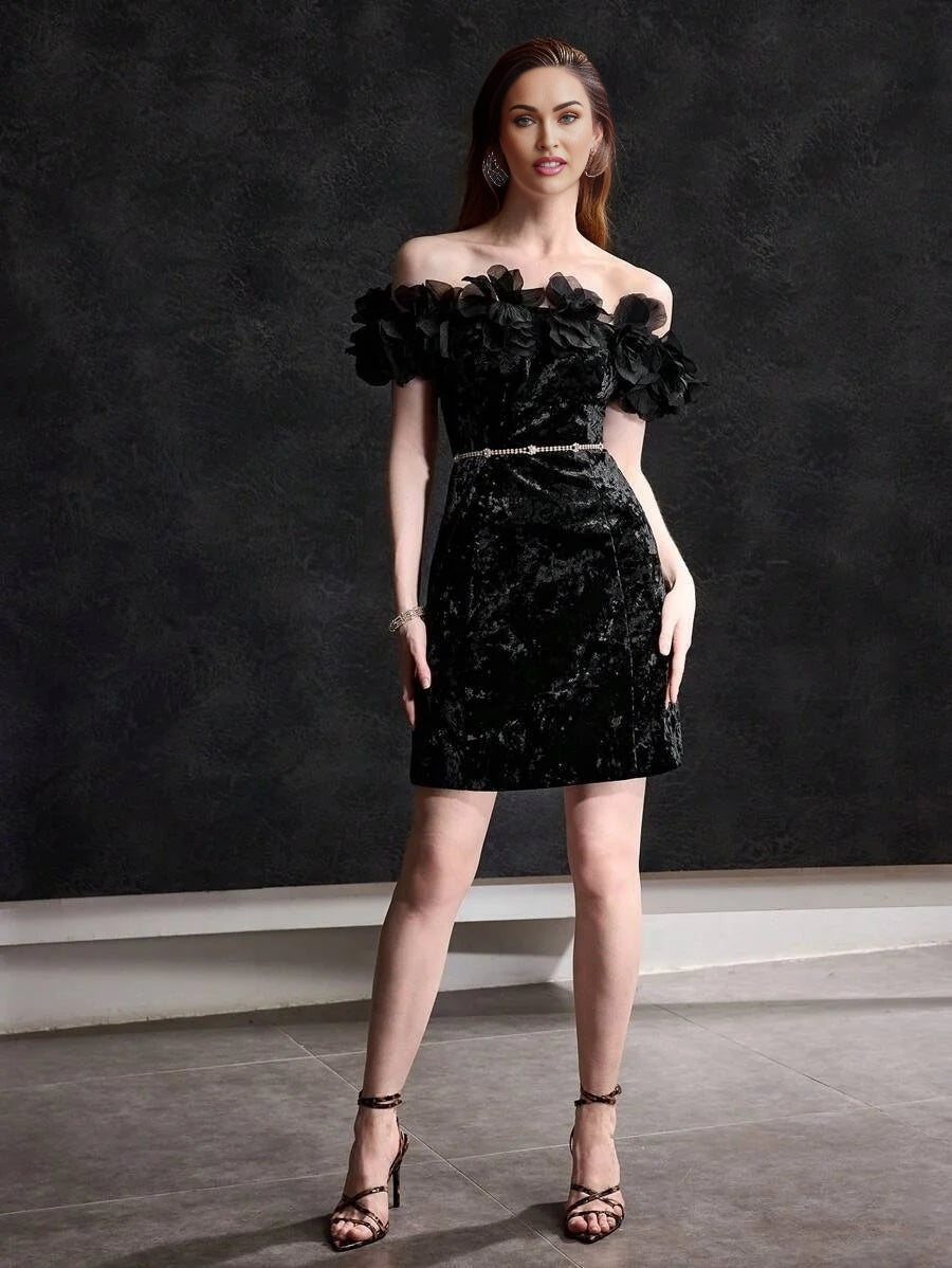 PREMIUM VELVET STEREO FLOWER DETAIL OFF SHOULDER SLIM FIT COCKTAIL DRESS WITHOUT BELT