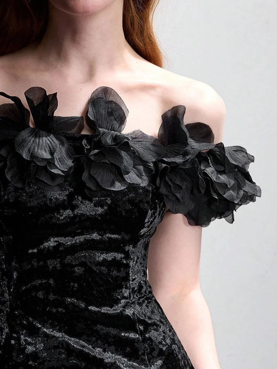 PREMIUM VELVET STEREO FLOWER DETAIL OFF SHOULDER SLIM FIT COCKTAIL DRESS WITHOUT BELT