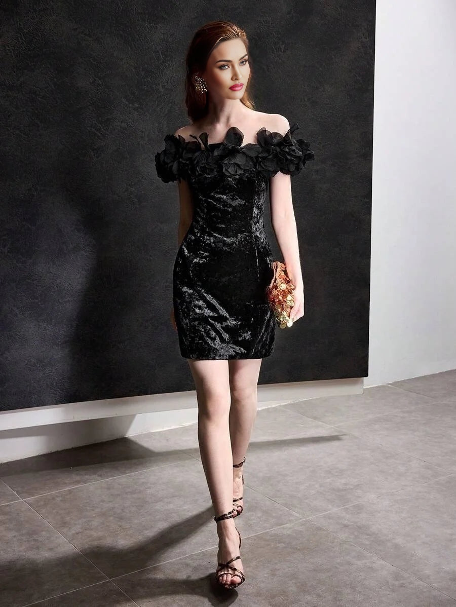 PREMIUM VELVET STEREO FLOWER DETAIL OFF SHOULDER SLIM FIT COCKTAIL DRESS WITHOUT BELT