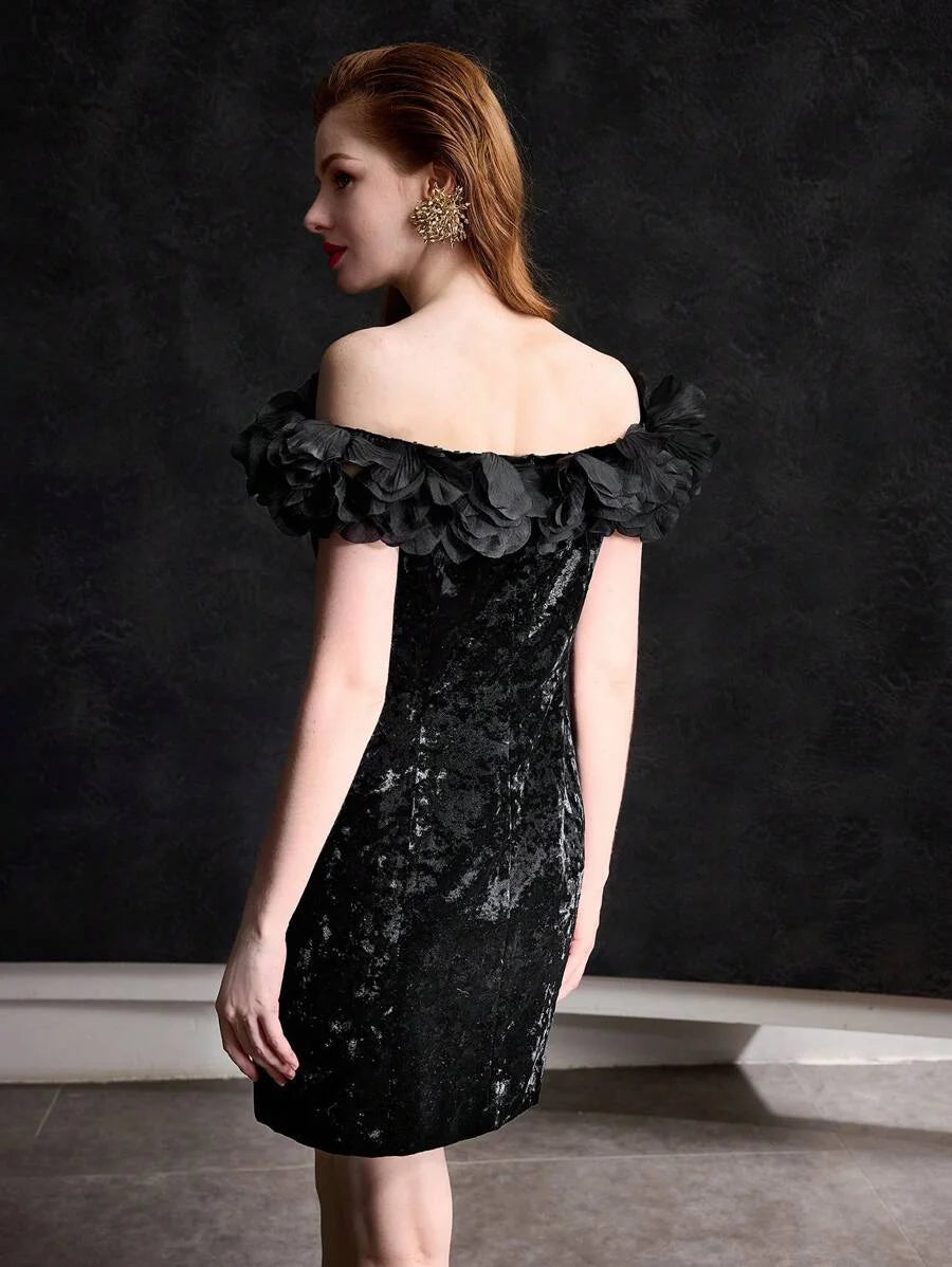 PREMIUM VELVET STEREO FLOWER DETAIL OFF SHOULDER SLIM FIT COCKTAIL DRESS WITHOUT BELT