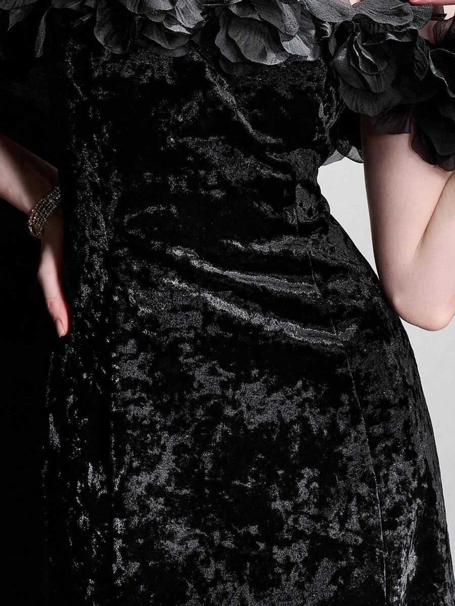PREMIUM VELVET STEREO FLOWER DETAIL OFF SHOULDER SLIM FIT COCKTAIL DRESS WITHOUT BELT