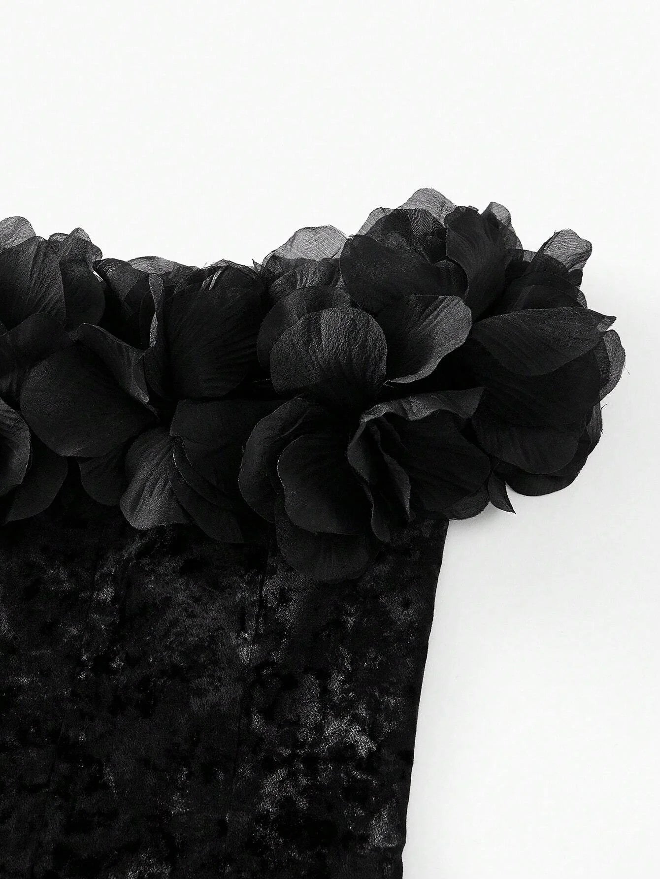 PREMIUM VELVET STEREO FLOWER DETAIL OFF SHOULDER SLIM FIT COCKTAIL DRESS WITHOUT BELT