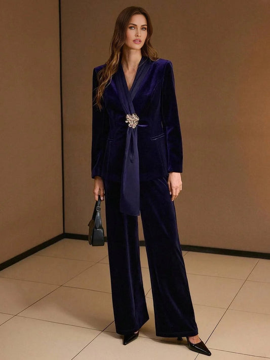 PREMIUM VELVET WRAP METAL DECOR BLAZER