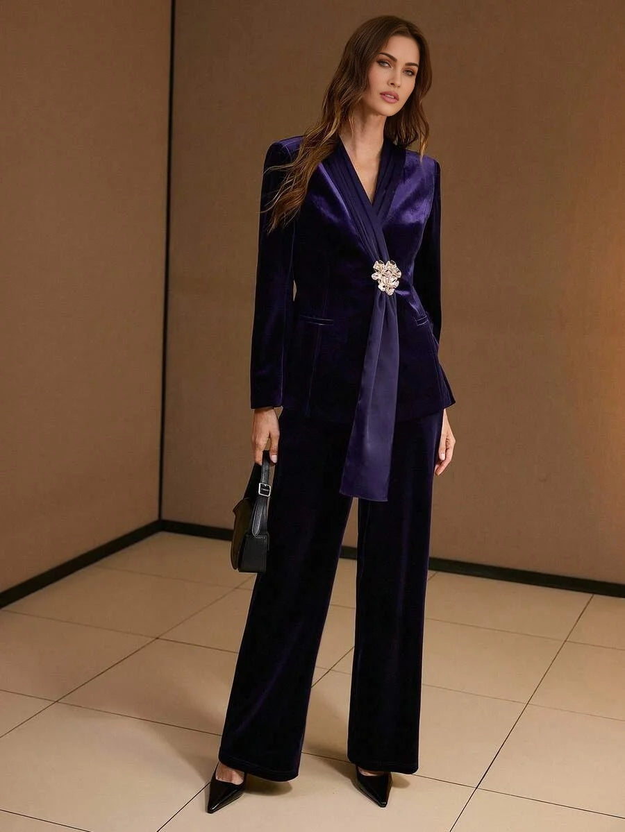 PREMIUM VELVET WRAP METAL DECOR BLAZER