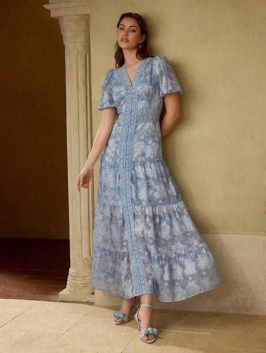 PREMIUM VINTAGE FRENCH STYLE JACQUARD TIEDYE LANTERN SLEEVE CONTRAST LACE SUMMER DRESS