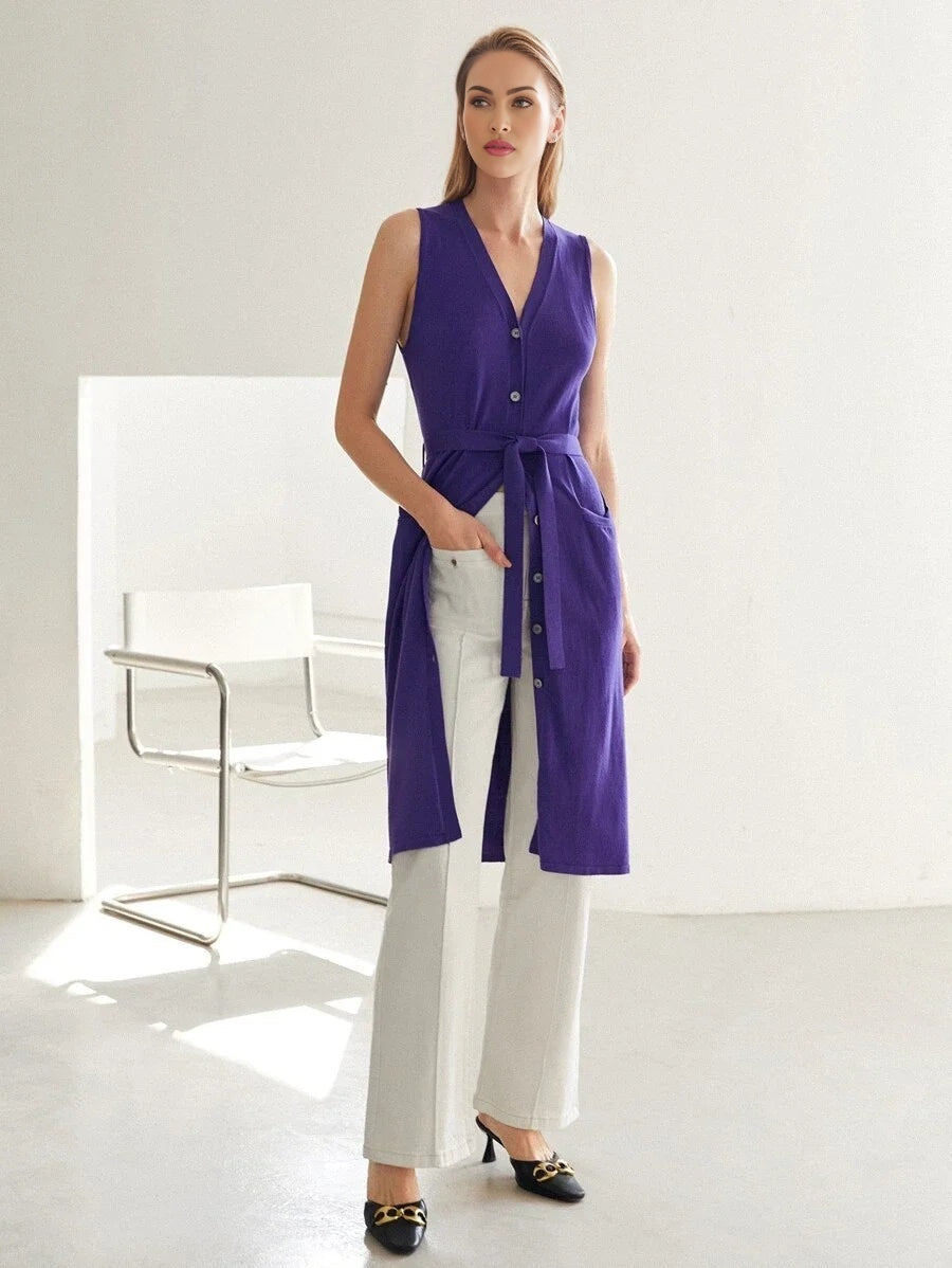 PREMIUM VISCOSE SLEEVELESS BELTED CARDIGAN