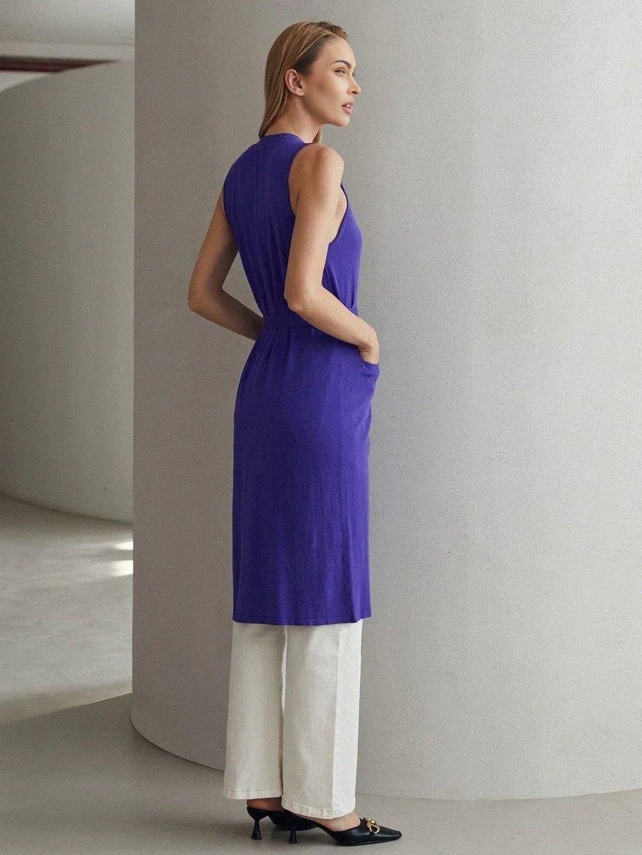 PREMIUM VISCOSE SLEEVELESS BELTED CARDIGAN