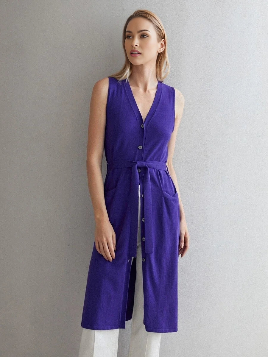 PREMIUM VISCOSE SLEEVELESS BELTED CARDIGAN