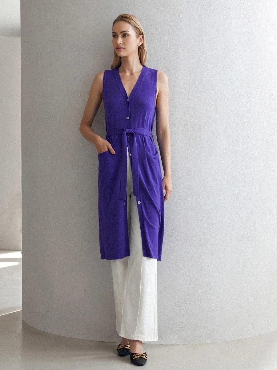 PREMIUM VISCOSE SLEEVELESS BELTED CARDIGAN