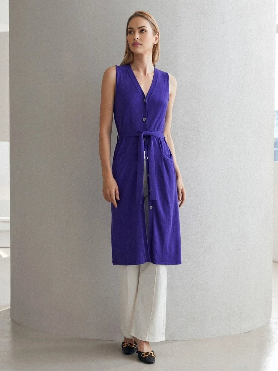 PREMIUM VISCOSE SLEEVELESS BELTED CARDIGAN