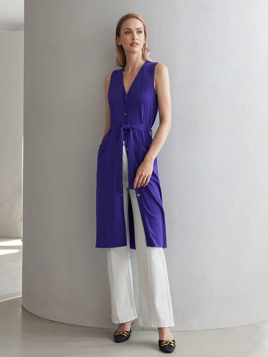 PREMIUM VISCOSE SLEEVELESS BELTED CARDIGAN