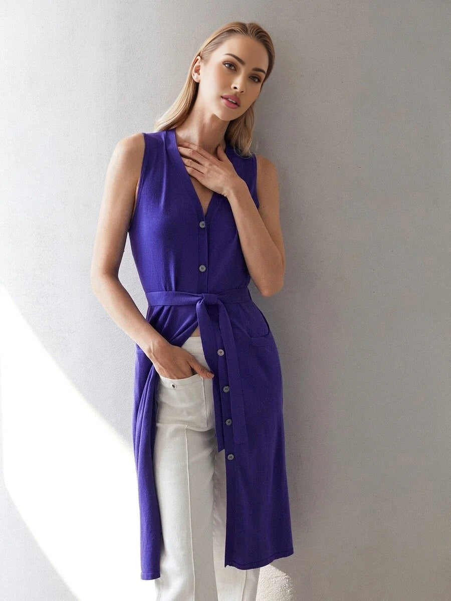 PREMIUM VISCOSE SLEEVELESS BELTED CARDIGAN