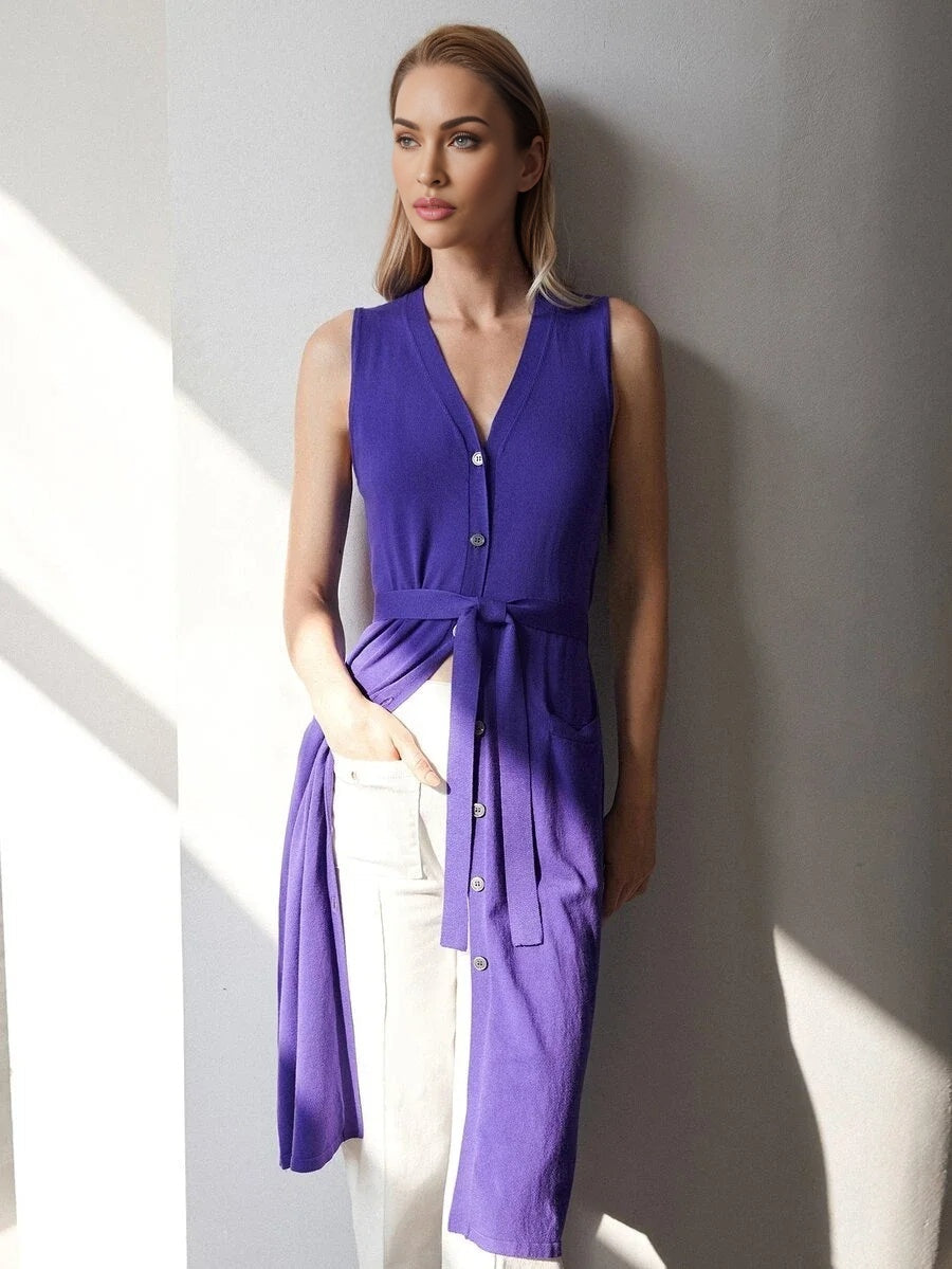 PREMIUM VISCOSE SLEEVELESS BELTED CARDIGAN