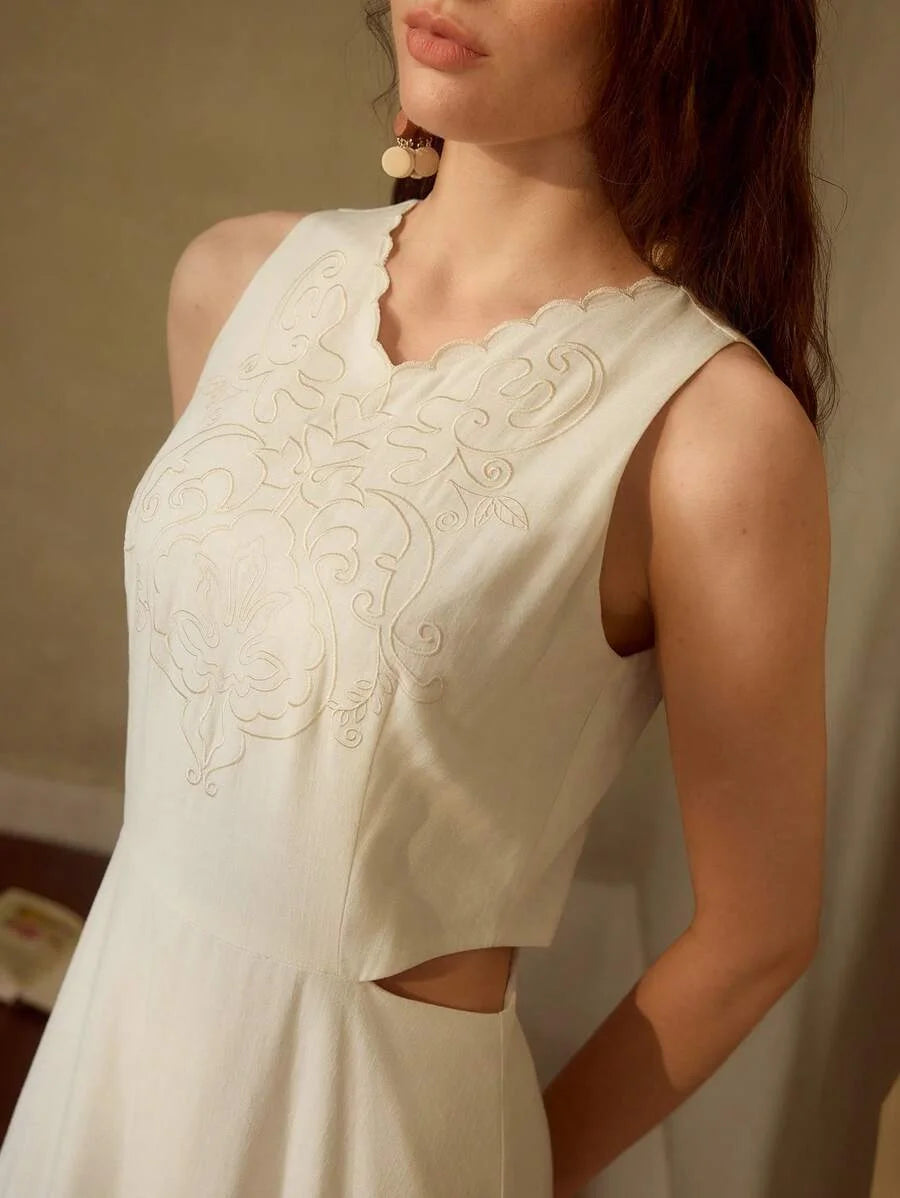 PREMIUM VNECK EMBROIDERY CUT OUT WAIST DRESS