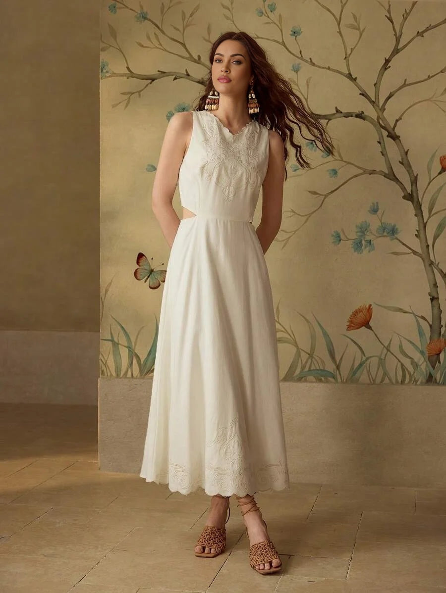 PREMIUM VNECK EMBROIDERY CUT OUT WAIST DRESS