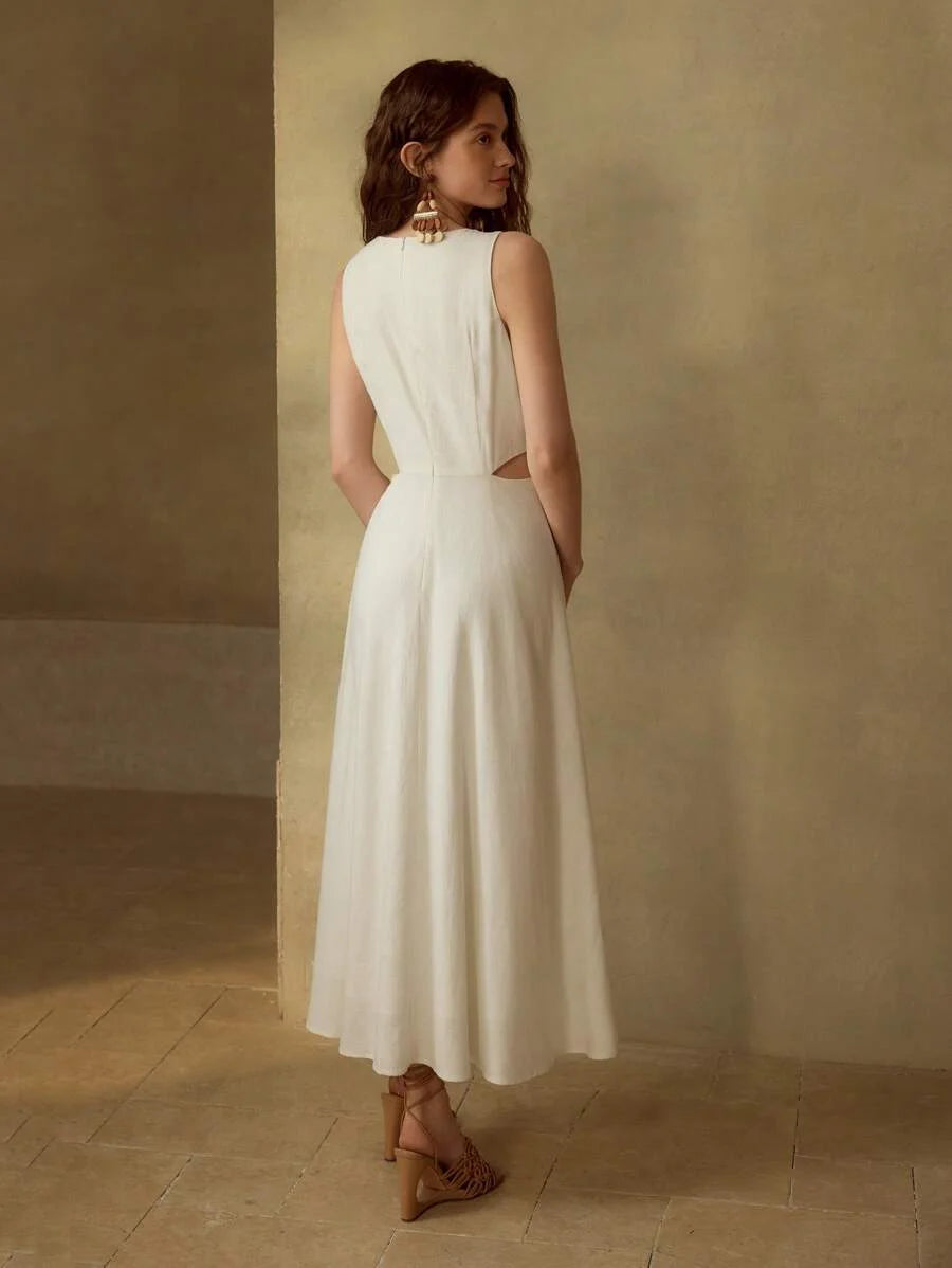 PREMIUM VNECK EMBROIDERY CUT OUT WAIST DRESS