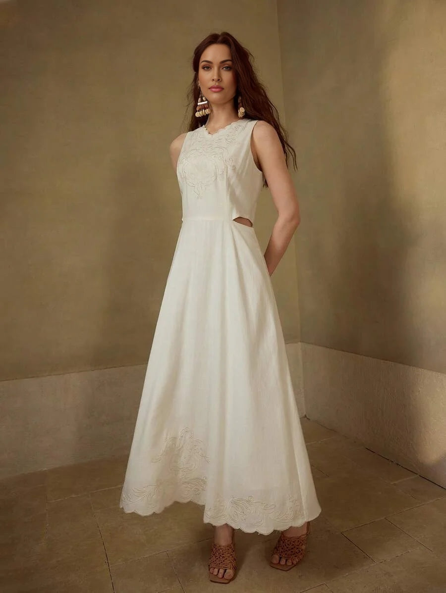 PREMIUM VNECK EMBROIDERY CUT OUT WAIST DRESS