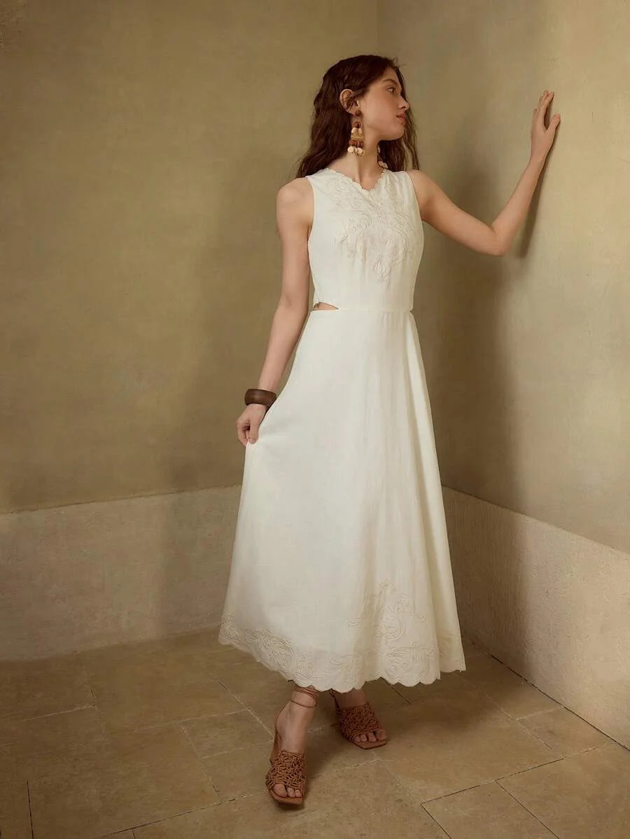 PREMIUM VNECK EMBROIDERY CUT OUT WAIST DRESS