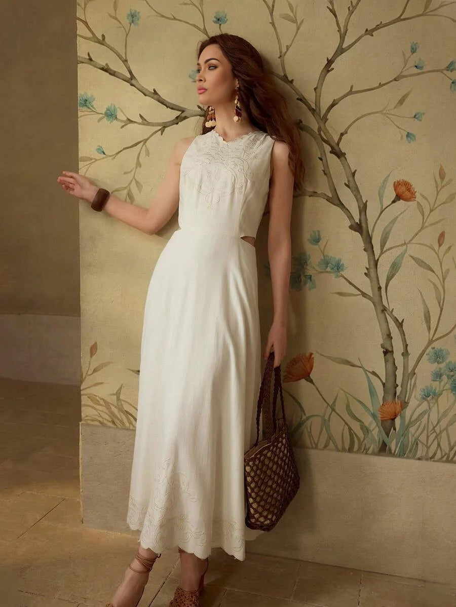 PREMIUM VNECK EMBROIDERY CUT OUT WAIST DRESS