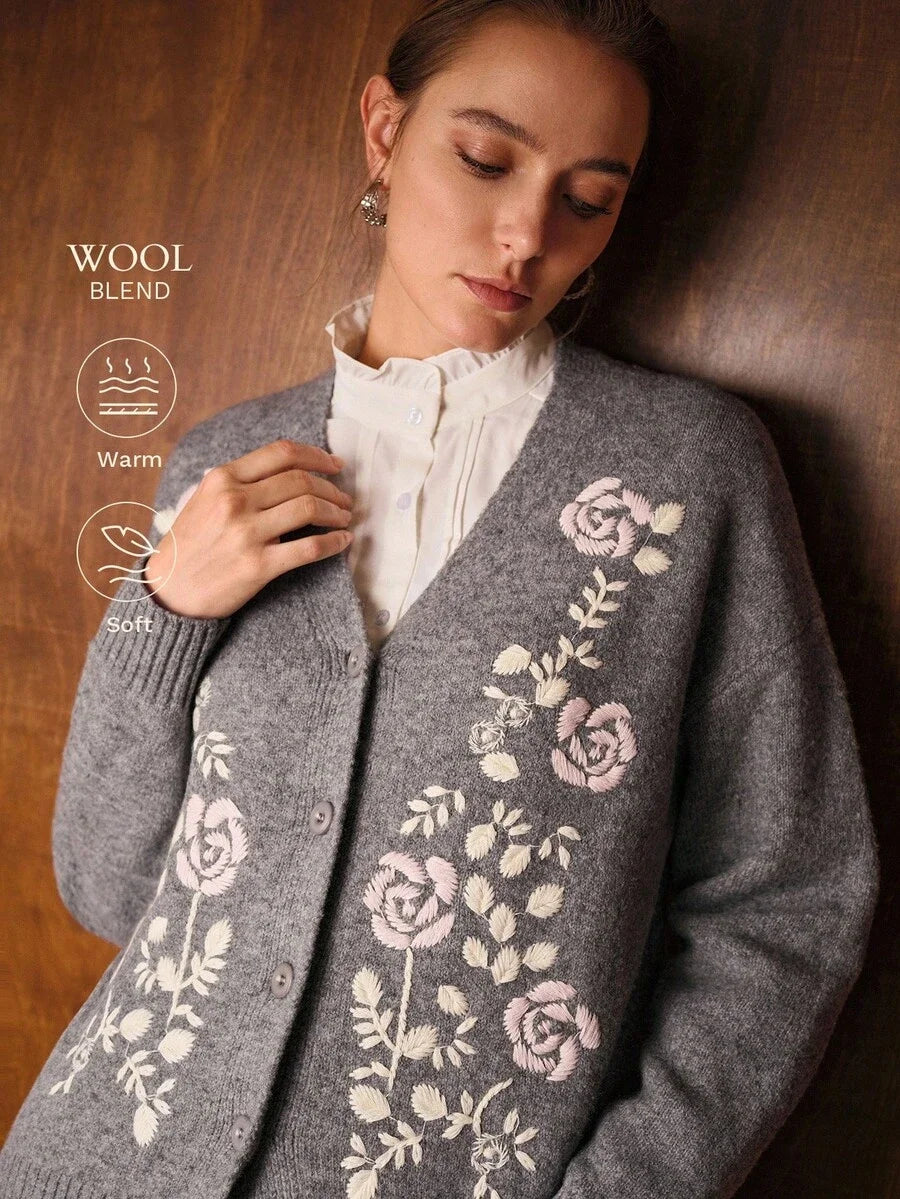 PREMIUM VNECK EMBROIDERY FLORAL PATTERN DROP SHOULDER OVERSIZE CARDIGAN