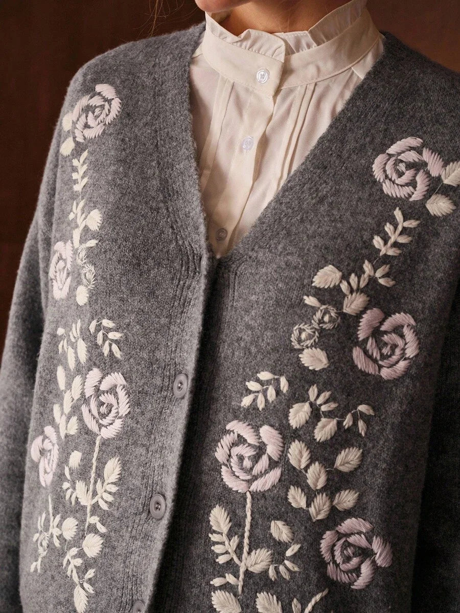 PREMIUM VNECK EMBROIDERY FLORAL PATTERN DROP SHOULDER OVERSIZE CARDIGAN