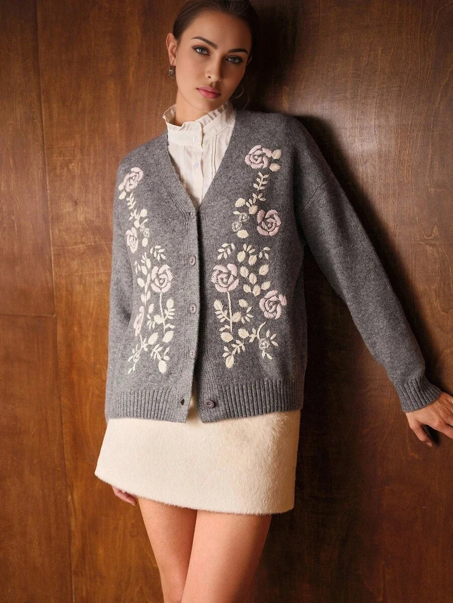 PREMIUM VNECK EMBROIDERY FLORAL PATTERN DROP SHOULDER OVERSIZE CARDIGAN