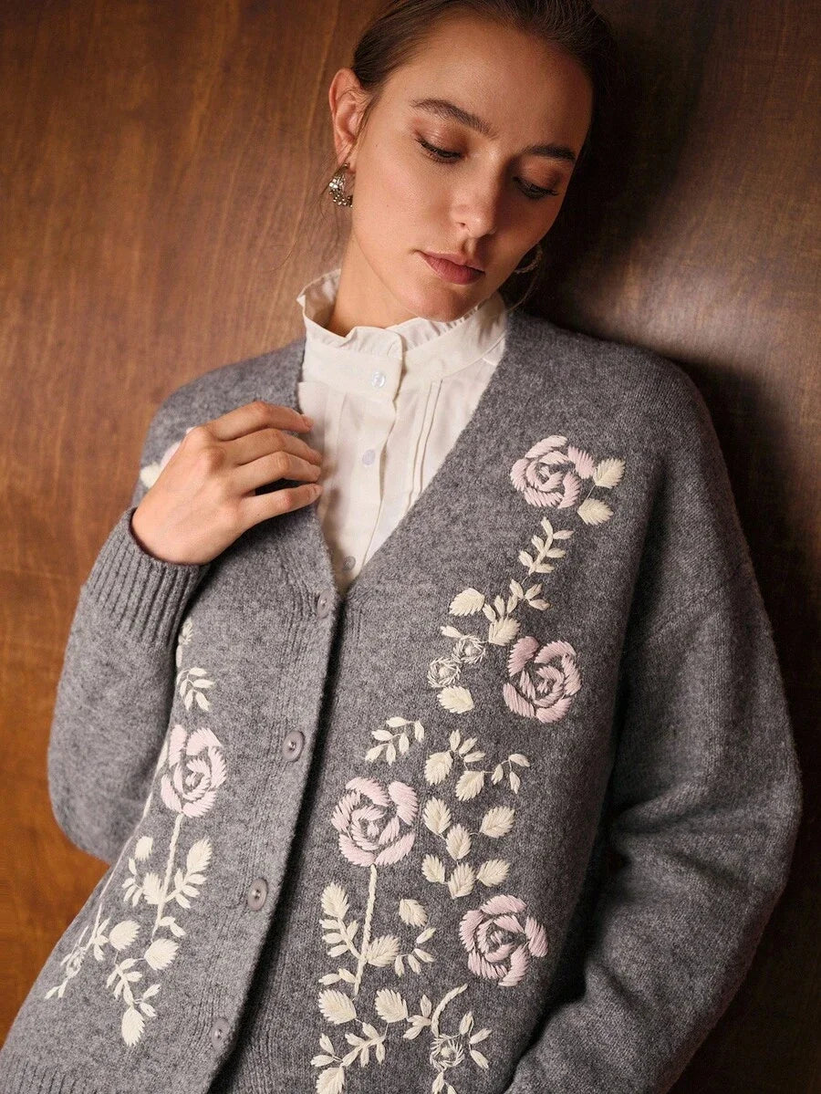 PREMIUM VNECK EMBROIDERY FLORAL PATTERN DROP SHOULDER OVERSIZE CARDIGAN