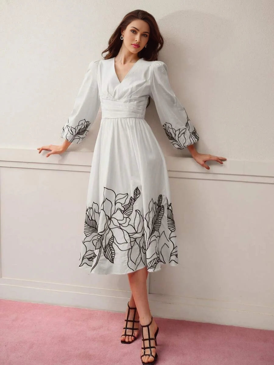 PREMIUM VNECK FLORAL EMBROIDERED DRESSVALENTINES DAY OUTFIT