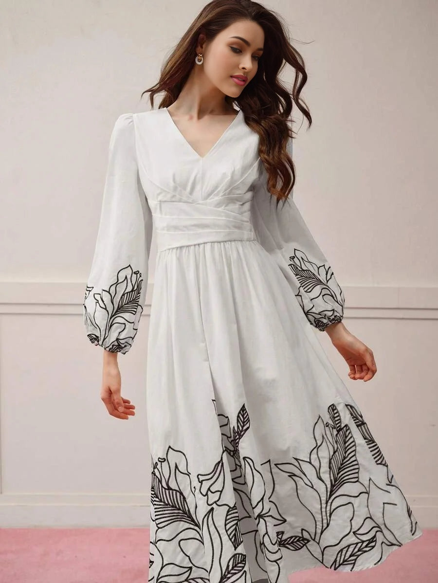 PREMIUM VNECK FLORAL EMBROIDERED DRESSVALENTINES DAY OUTFIT
