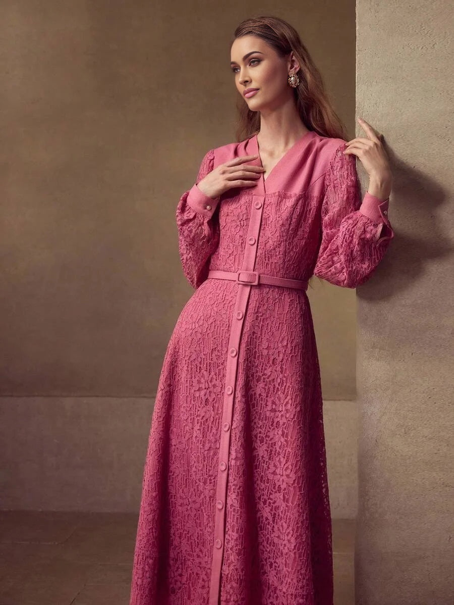 PREMIUM VNECK LACE BELTED ALINE DRESS