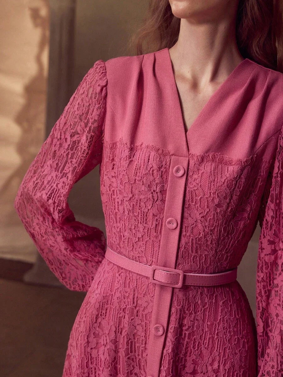 PREMIUM VNECK LACE BELTED ALINE DRESS