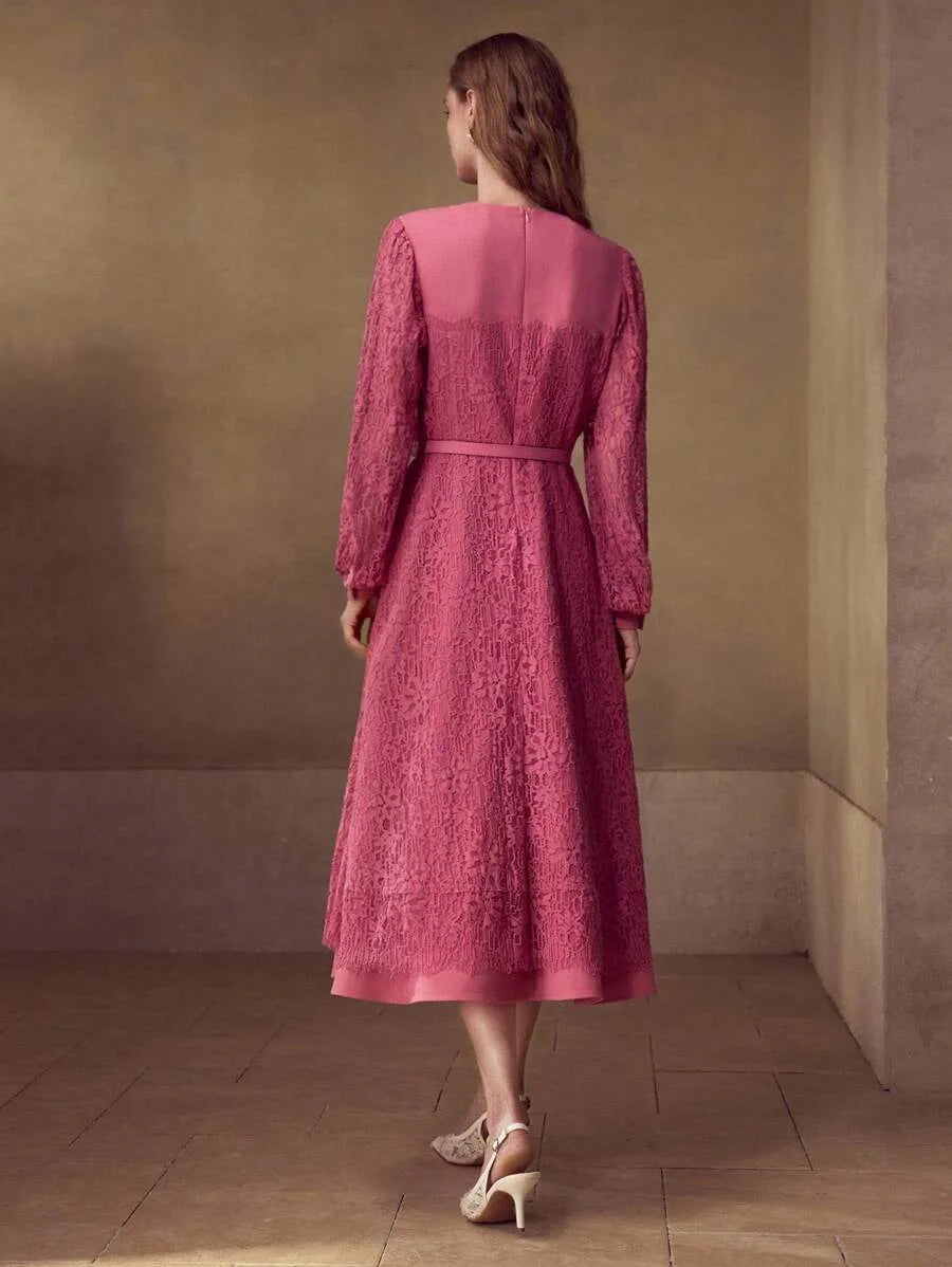PREMIUM VNECK LACE BELTED ALINE DRESS