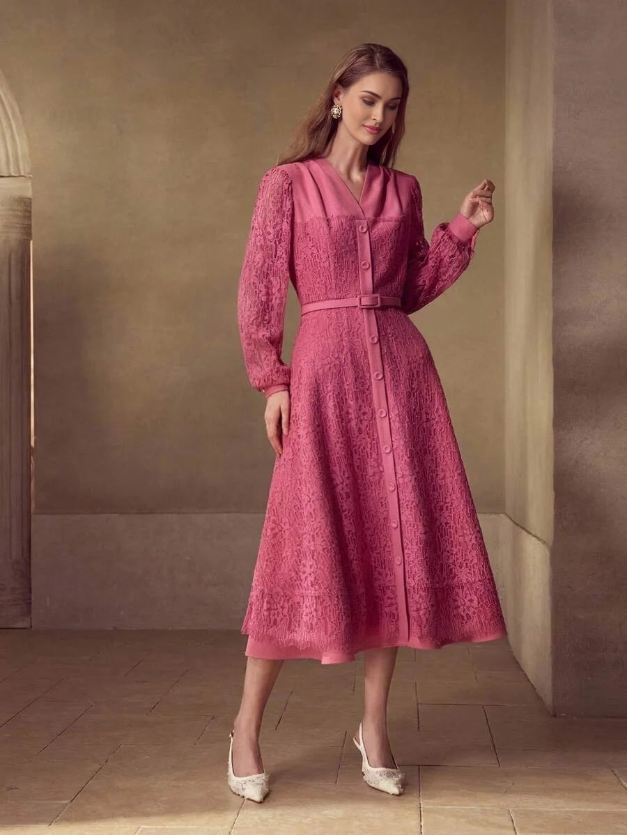 PREMIUM VNECK LACE BELTED ALINE DRESS