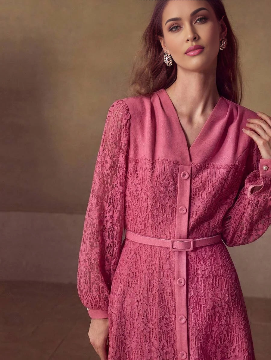 PREMIUM VNECK LACE BELTED ALINE DRESS