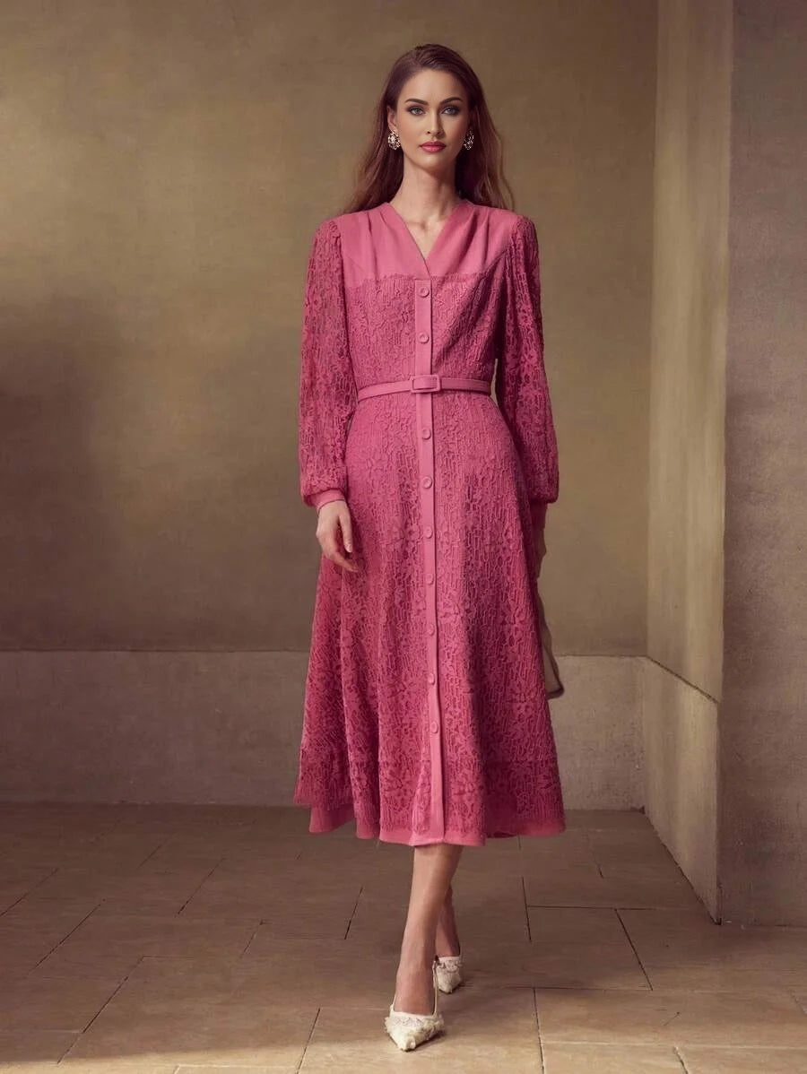 PREMIUM VNECK LACE BELTED ALINE DRESS