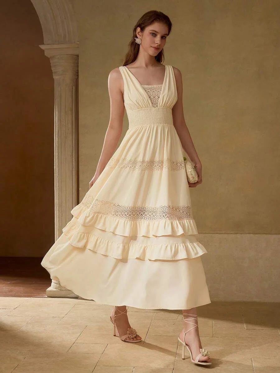 PREMIUM VNECK PATCHWORK HOLLOW OUT LAYERED RUFFLE HEM MAXI DRESS VACATION STYLE