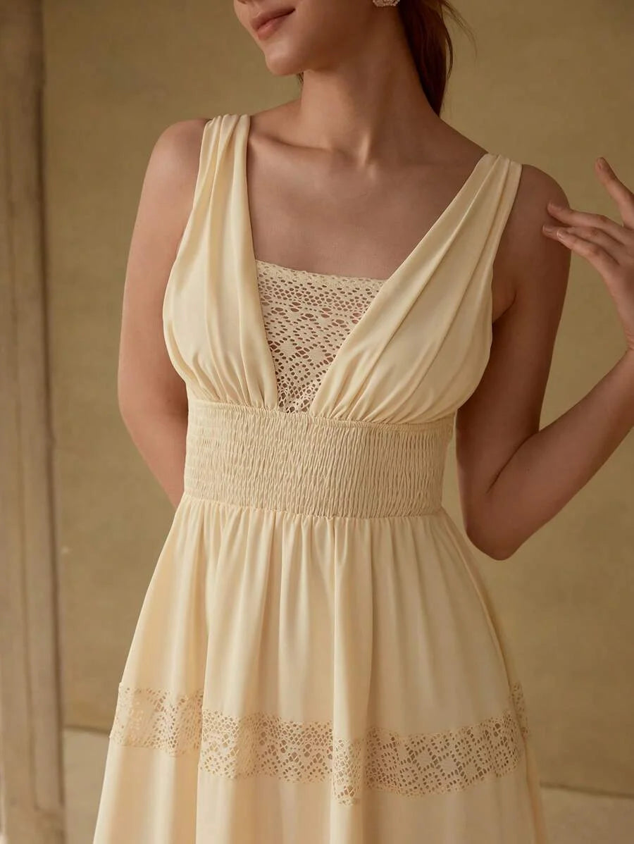 PREMIUM VNECK PATCHWORK HOLLOW OUT LAYERED RUFFLE HEM MAXI DRESS VACATION STYLE