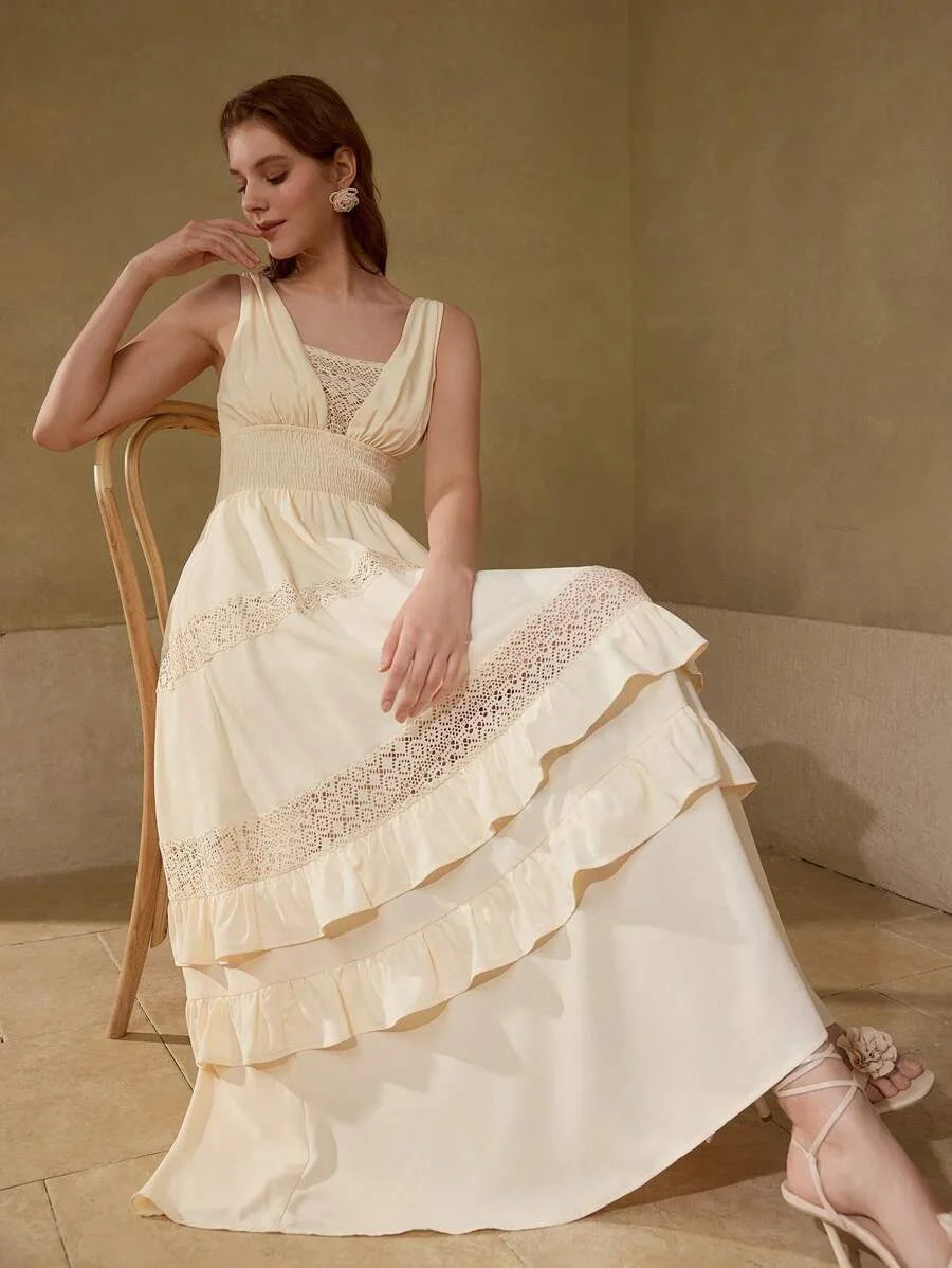 PREMIUM VNECK PATCHWORK HOLLOW OUT LAYERED RUFFLE HEM MAXI DRESS VACATION STYLE