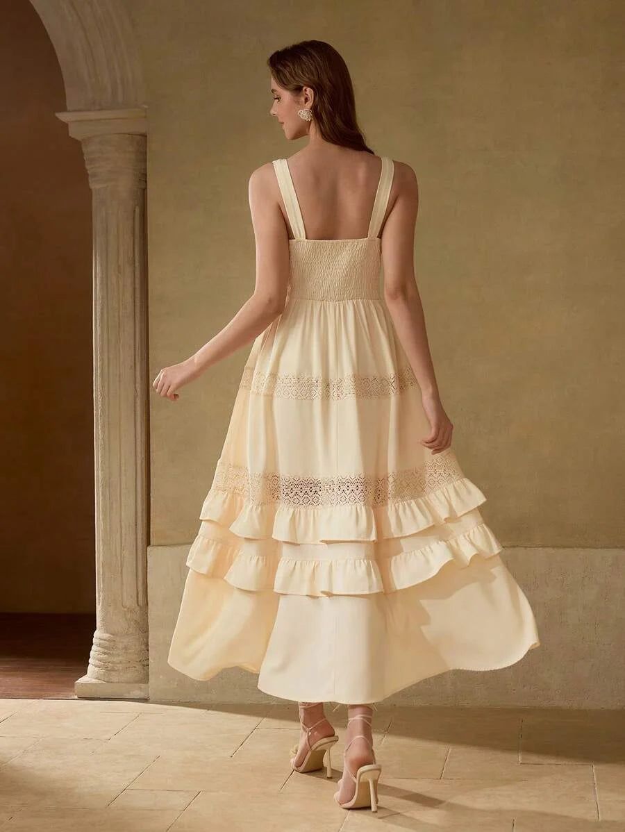 PREMIUM VNECK PATCHWORK HOLLOW OUT LAYERED RUFFLE HEM MAXI DRESS VACATION STYLE