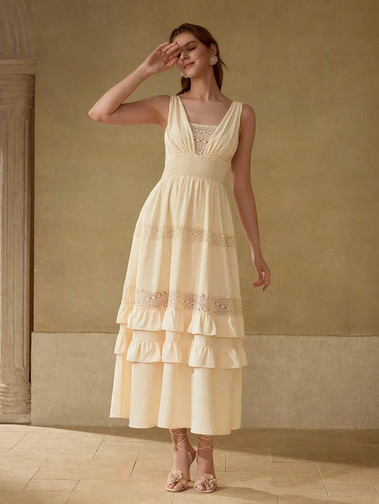 PREMIUM VNECK PATCHWORK HOLLOW OUT LAYERED RUFFLE HEM MAXI DRESS VACATION STYLE