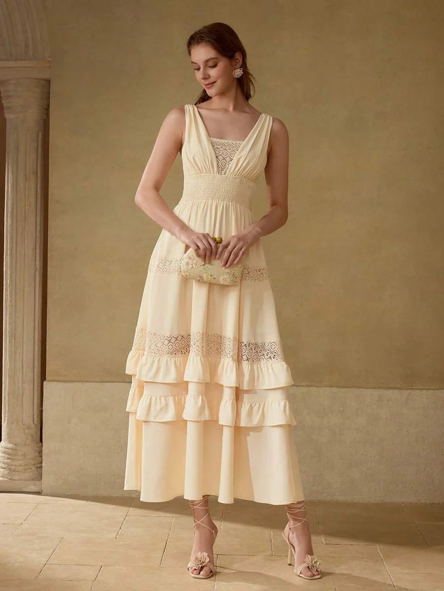 PREMIUM VNECK PATCHWORK HOLLOW OUT LAYERED RUFFLE HEM MAXI DRESS VACATION STYLE