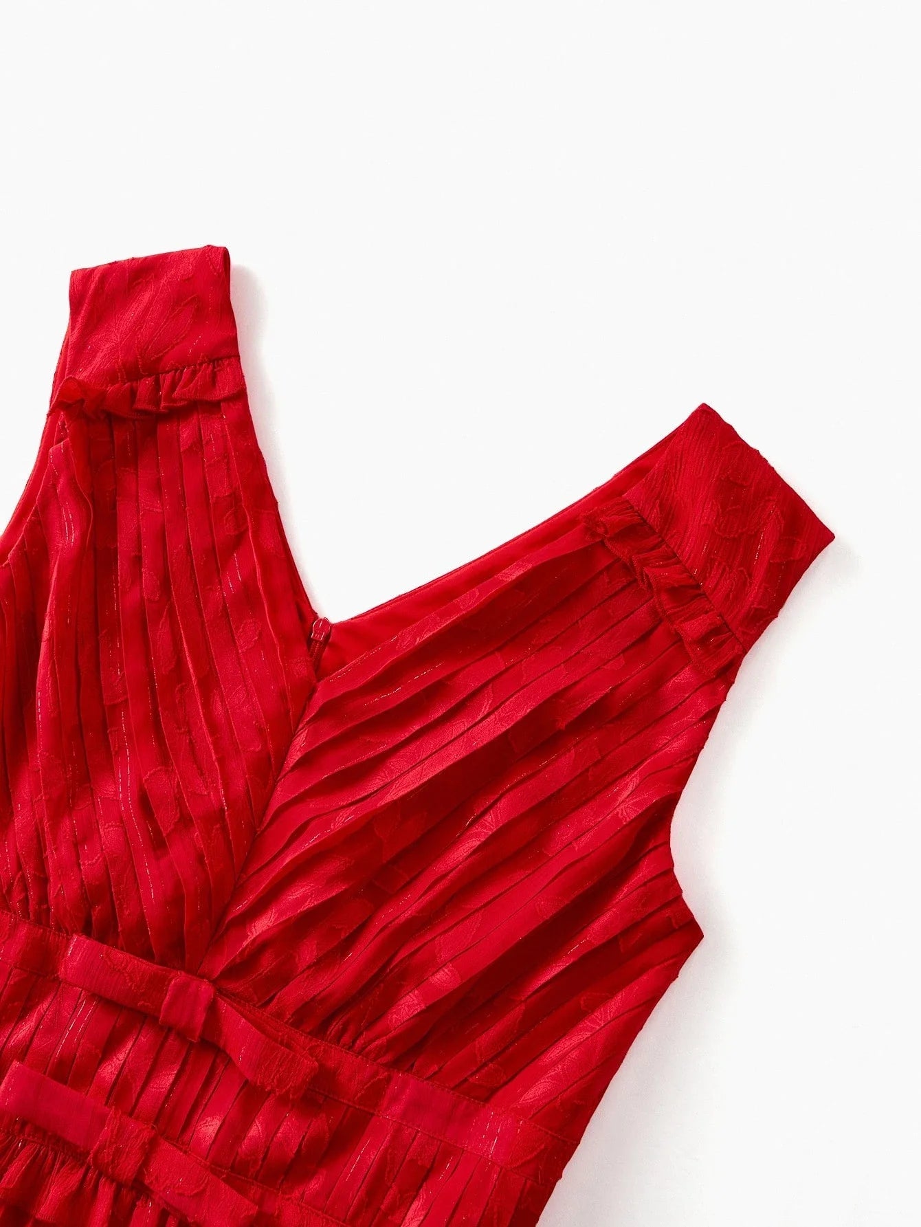 PREMIUM VNECK PLEATED LACE PATCHWORK MIDI DRESS